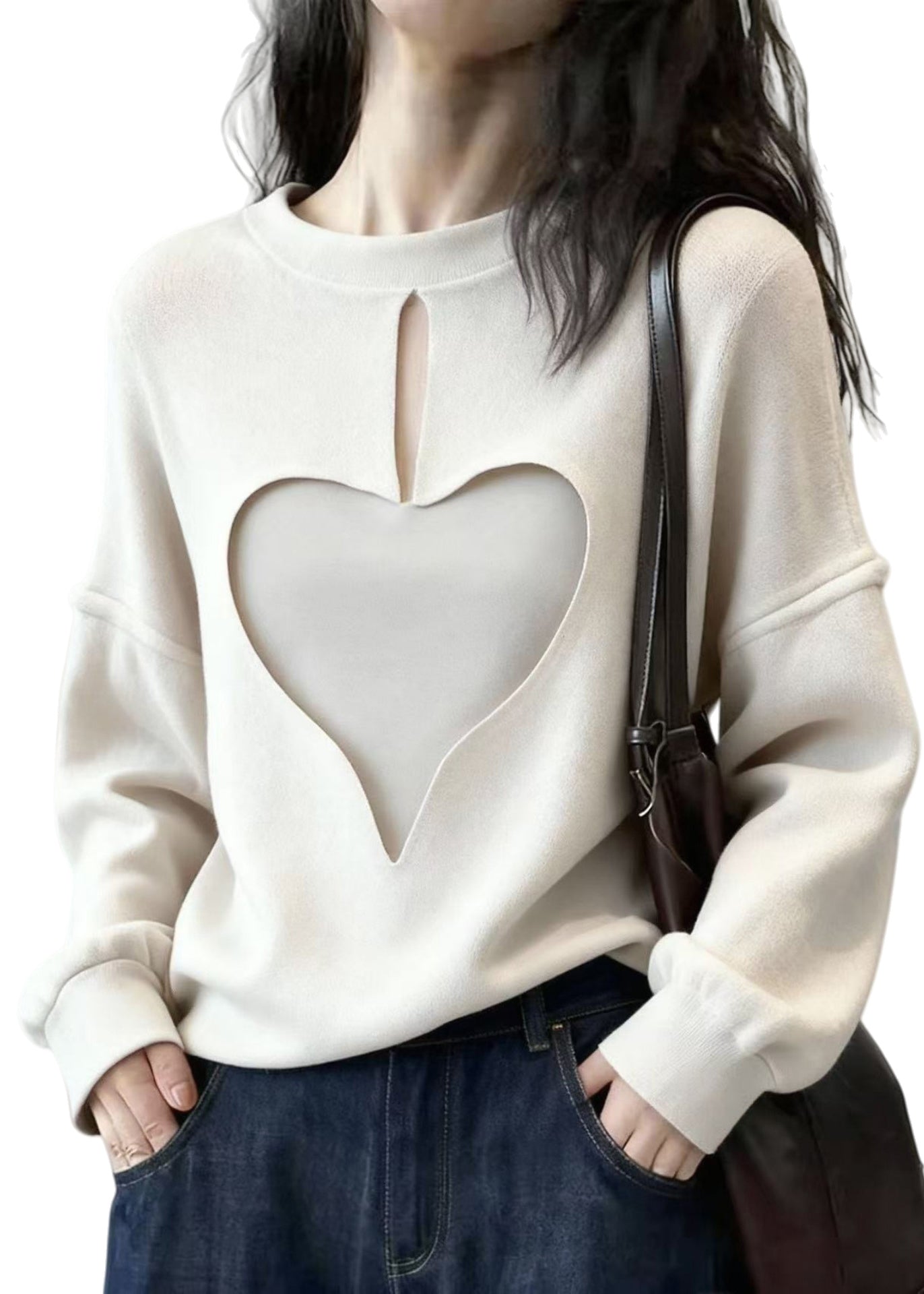 Stylish White Oversized Hollow Out Love Cotton Sweatshirts Top Spring