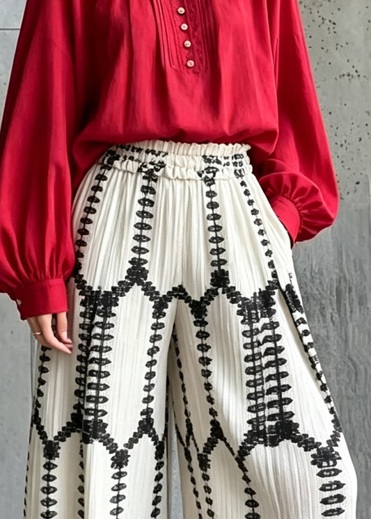 Stylish White Print Elastic Waist Wide Leg Pants Fall