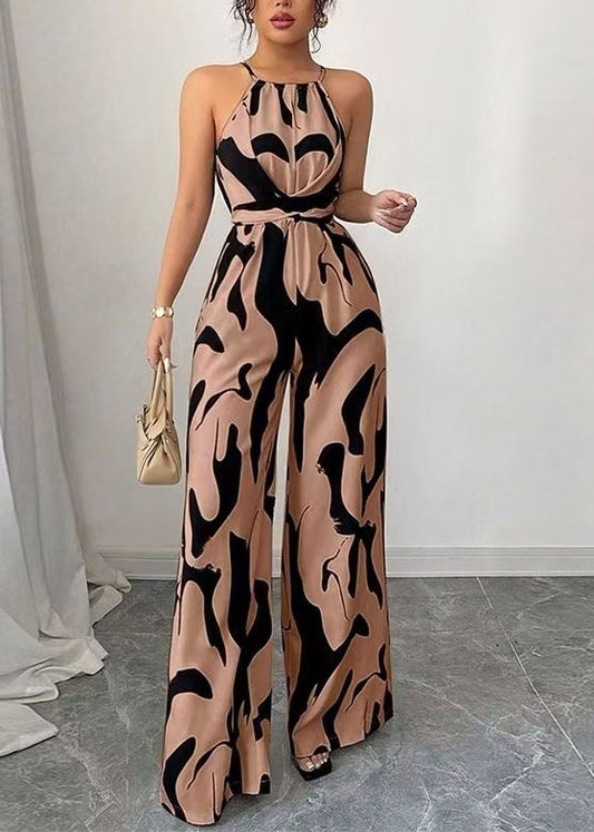 Stylish White Print Lace Up Cotton Jumpsuits Sleeveless