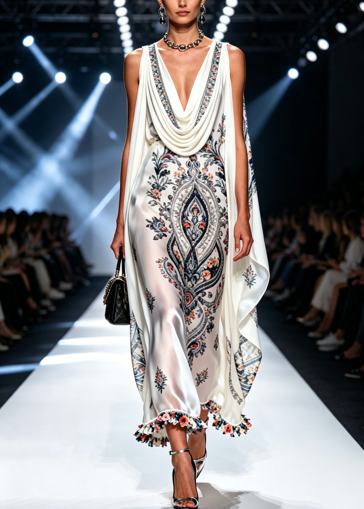 Stylish White Print Patchwork Chiffon Long Dress Summer