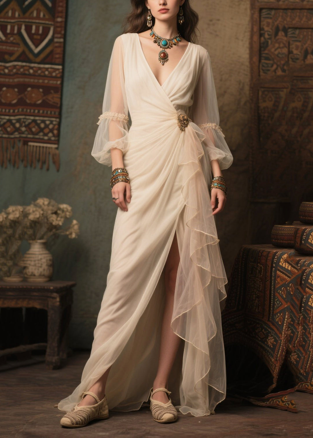 Stylish White Side Open Tulle Dinner Dresses Lantern Sleeve