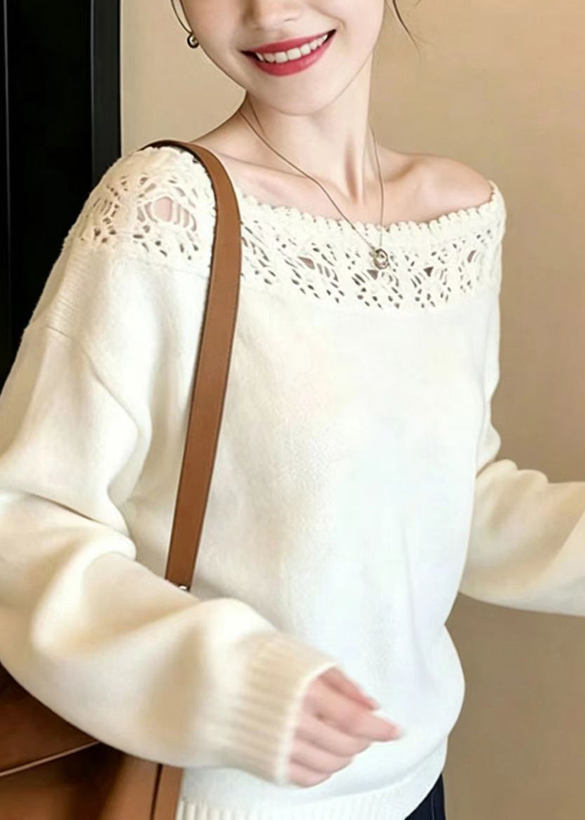 Stylish White Slash Neck Hollow Out Crochet Knit Sweater Long Sleeve