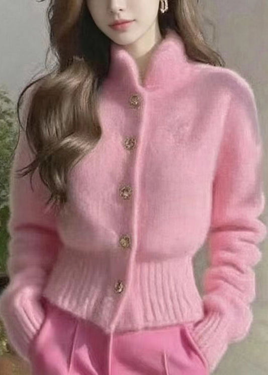 Stylish White Stand Collar Faux Mink Hair Knitted Cardigan Fall
