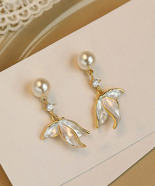 Stylish White Sterling Silver Overgild Zircon Pearl Fishtail Tassel Drop Earrings