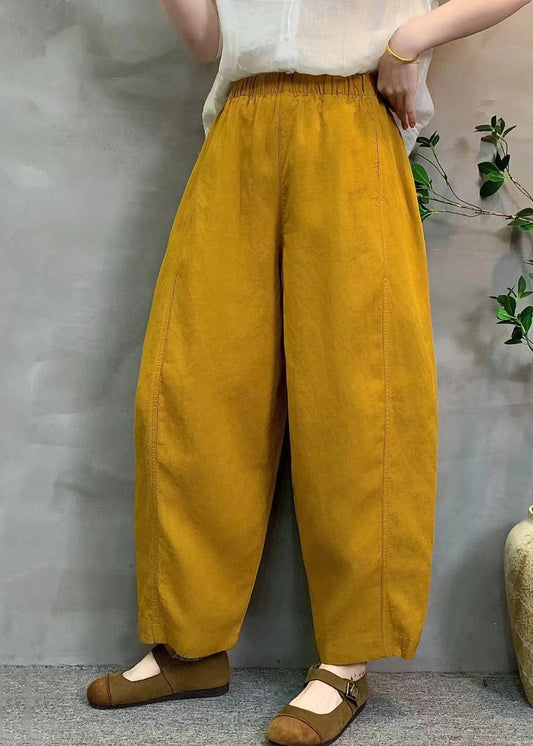 Stylish Yellow Elastic Waist Linen Harem Pants Summer