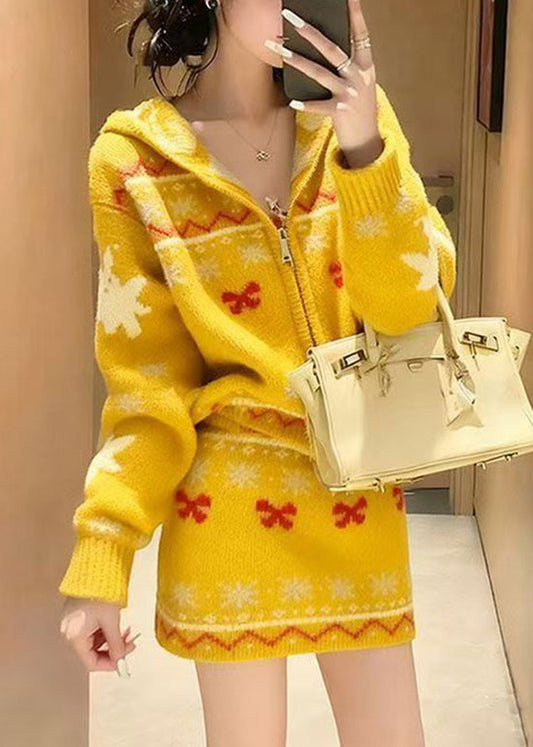 Stylish Yellow Hooded Jacquard Knit Two-Piece Set Winter