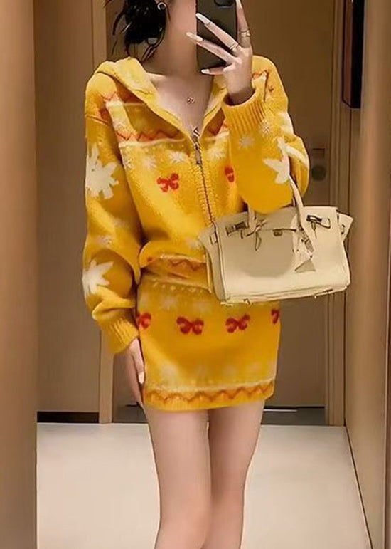 Stylish Yellow Hooded Jacquard Knit Two-Piece Set Winter