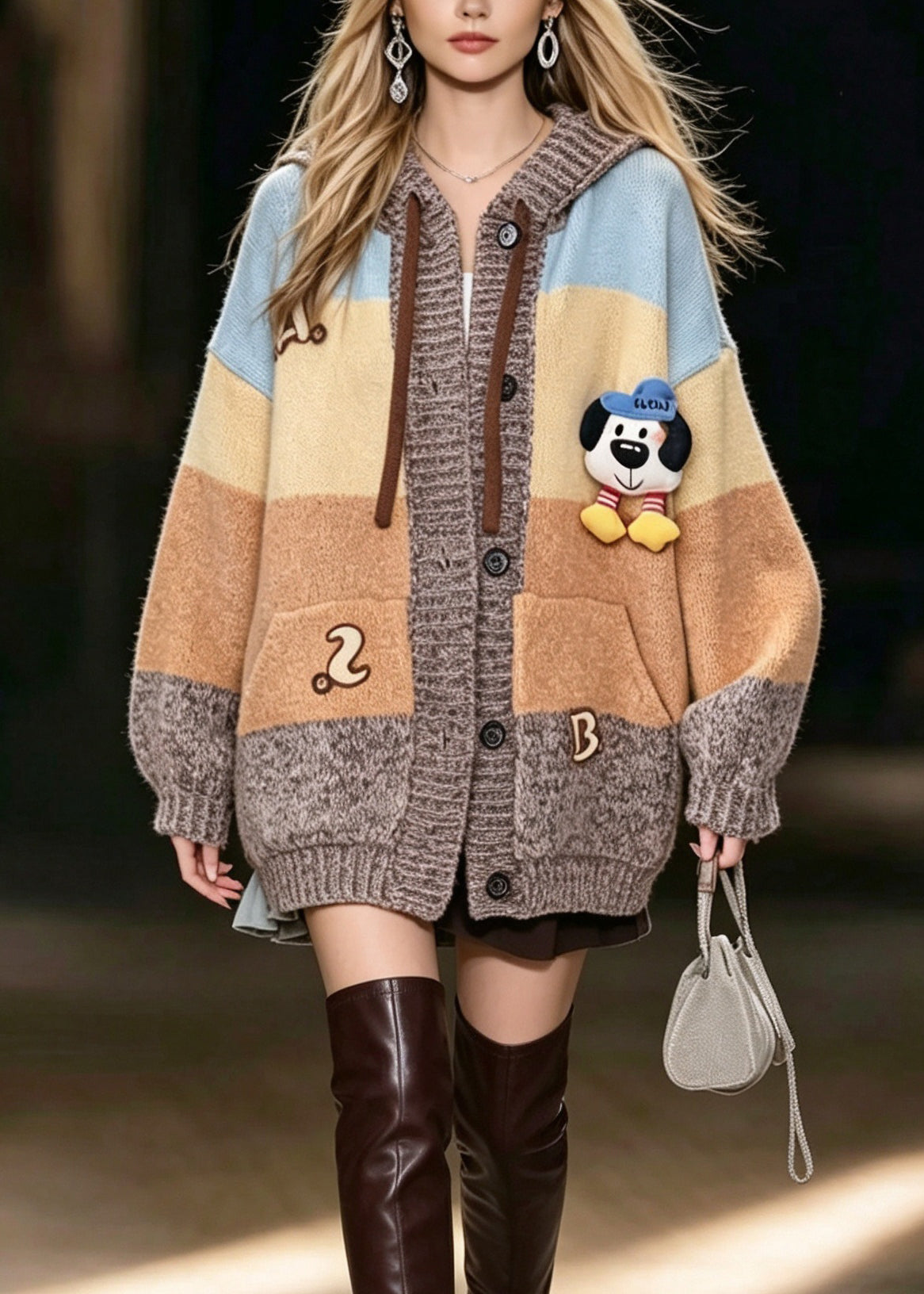 Stylish Yellow Hooded Pockets Patchwork Knit Coat Fall