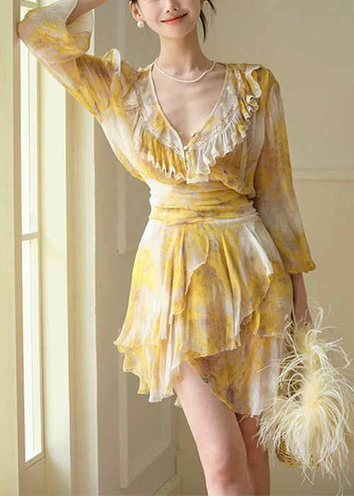 Stylish Yellow Ruffled Lace Print Chiffon Mid Dress Fall