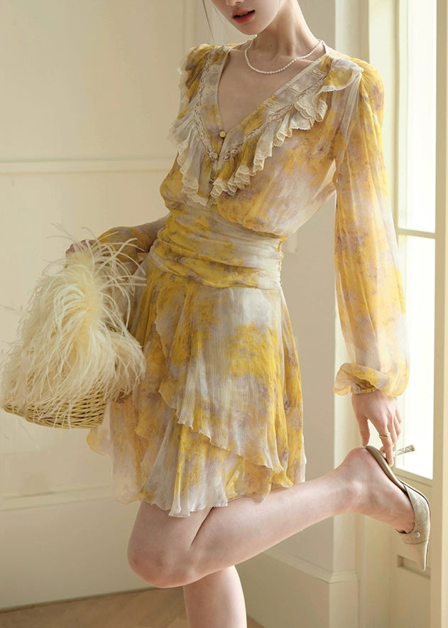 Stylish Yellow Ruffled Lace Print Chiffon Mid Dress Fall