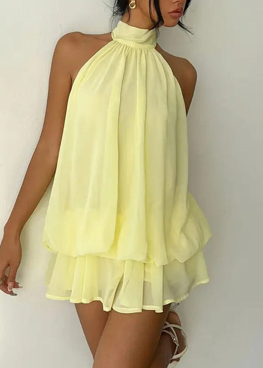Stylish Yellow Turtleneck Solid Chiffon Mid Dress Sleeveless