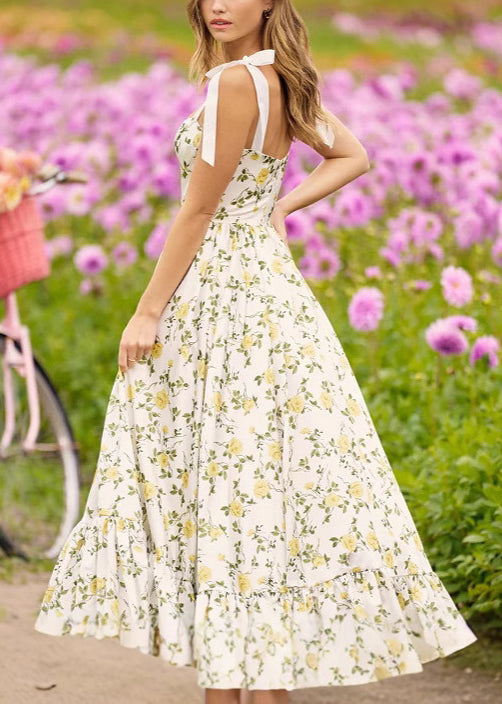 Stylish Yellow V Neck Print Cotton Spaghetti Strap Dress Sleeveless