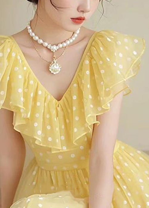 Stylish Yellow V Neck Ruffled Print Chiffon Long Dress Summer