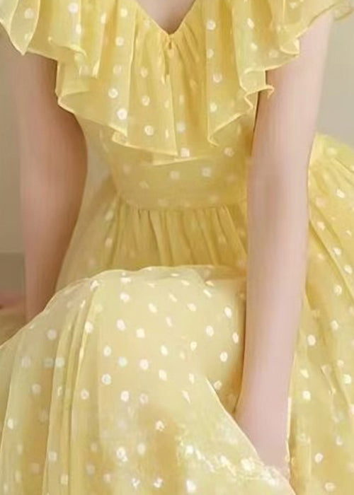 Stylish Yellow V Neck Ruffled Print Chiffon Long Dress Summer