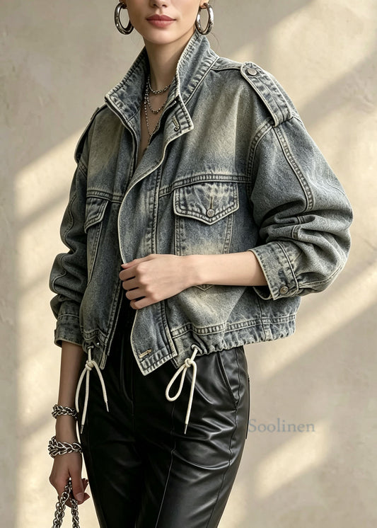 Stylish Zip Up Pockets Drawstring Patchwork Denim Jackets Fall