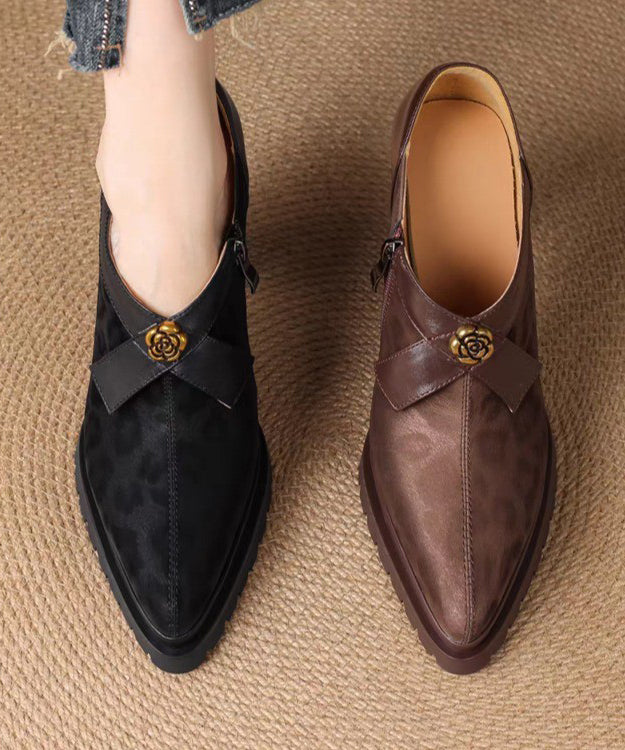 Stylish Zippered Splicing Chunky High Heels Brown Suede