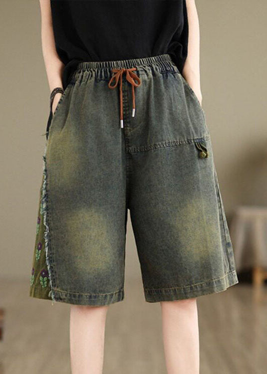 Summer Loose Casual Embroidered Elastic Waist Denim Shorts