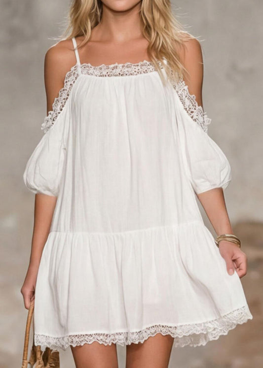 Summer New Off Shoulder Hollow Splicing Bubble Short Dress