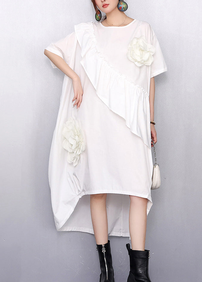 Summer White Asymmetrical Ruffle Dress 3D Floral Accents