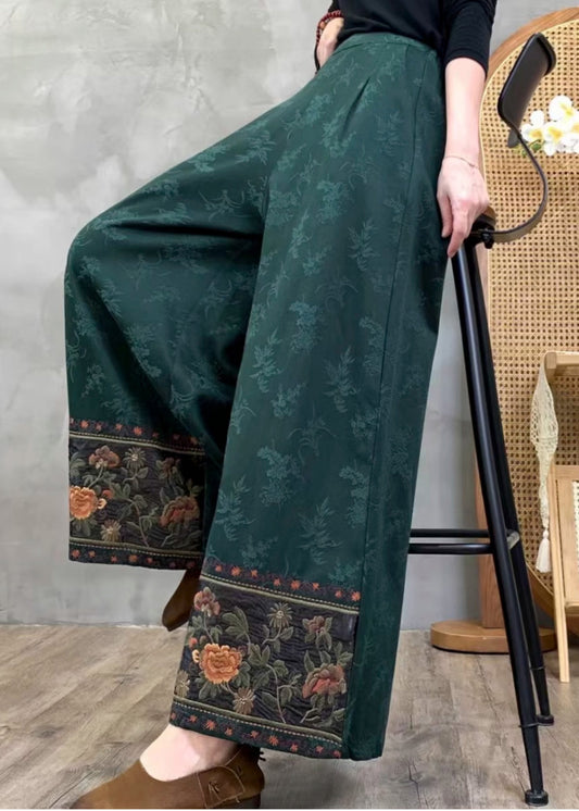 Tea Green Jacquard Cotton Straight Pants Embroidered Spring