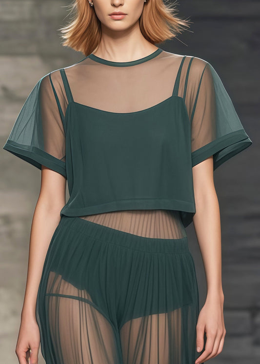 Tea Green Patchwork Tulle Sheer Two Piece Set Women Clothing Summer