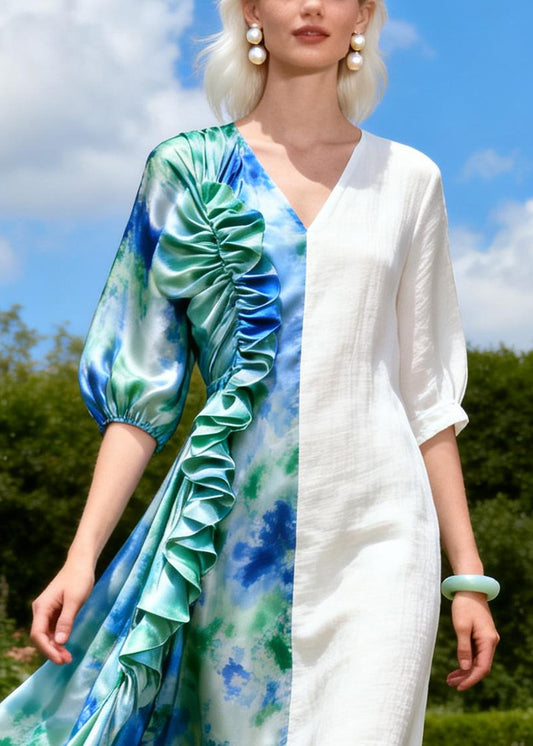 Tie Dye Patchwork Silk Vacation Dresses Ruffled Asymmetrical Design Summer