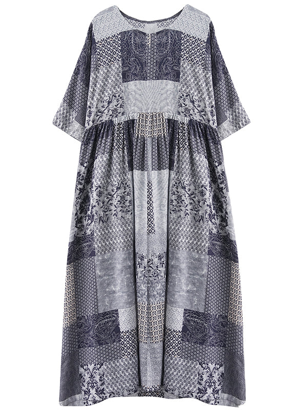 2025 Blue Plaid O-Neck Wrinkled Exra Large Hem Dress Half Sleeve