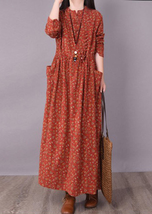 2025 Brick Red Cinched Print Linen Long Dress Long Sleeve