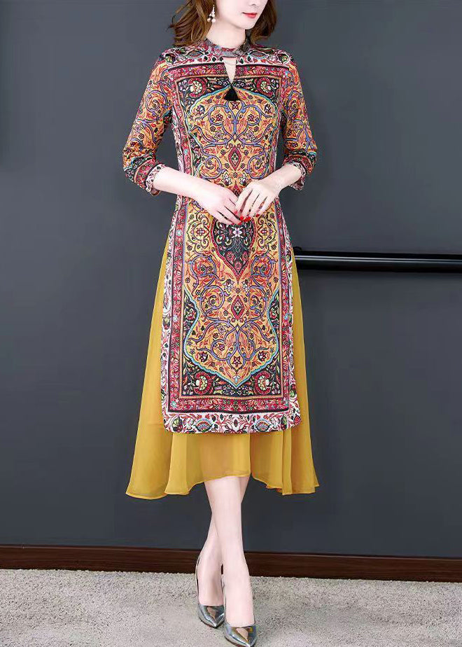 2025 Fitted Yellow Stand Collar Patchwork Print Chiffon Fake Two Piece Dress Summer