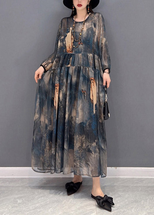 2025 O-Neck Print Tulle Patchwork Wrinkled Chiffon Dresses Long Sleeve