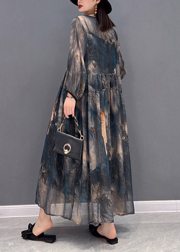 2025 O-Neck Print Tulle Patchwork Wrinkled Chiffon Dresses Long Sleeve