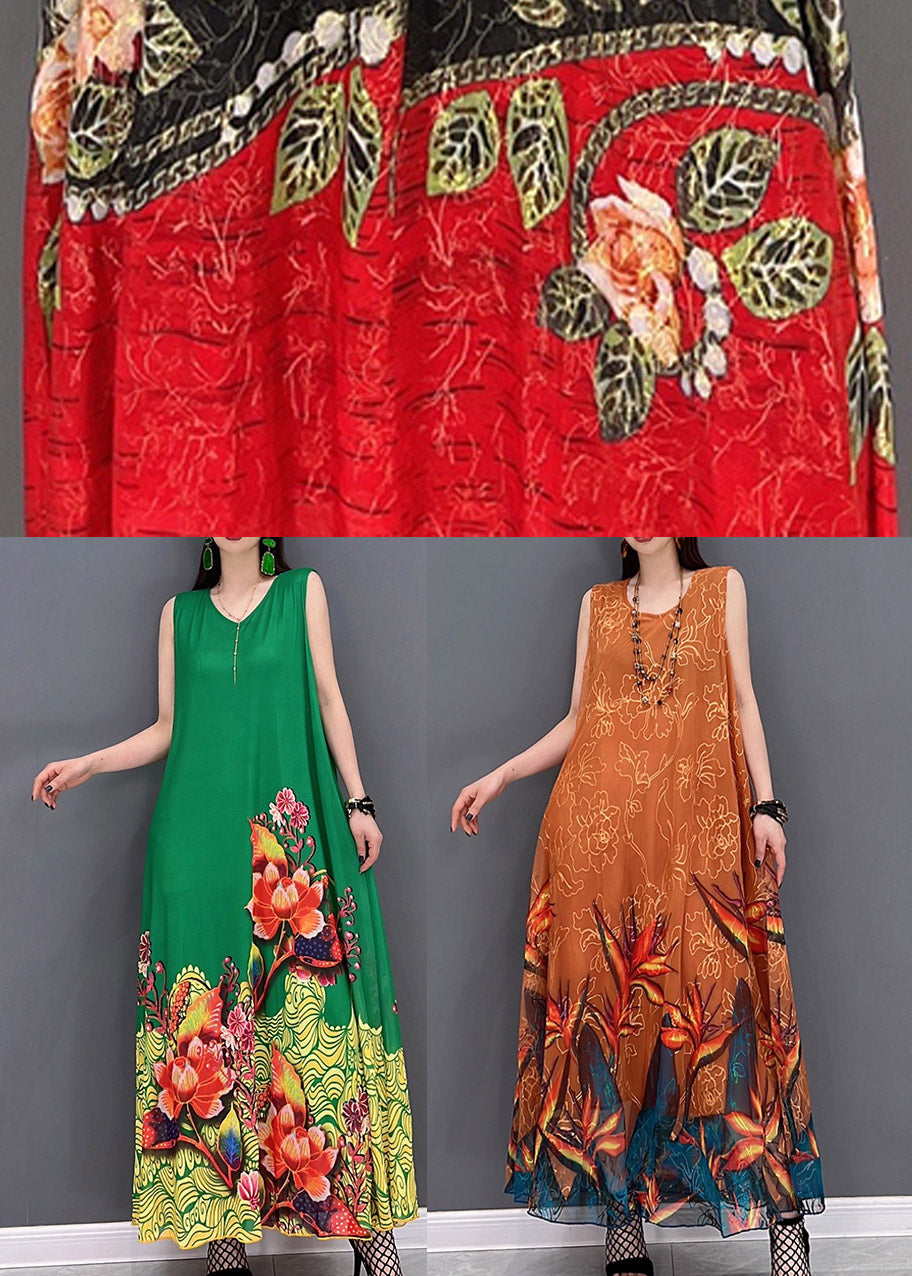 2025 Orange O-Neck Chiffon Long Beach Dresses Sleeveless