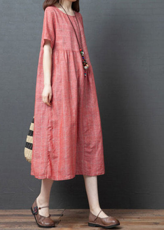 2025 Red O-Neck Cinched Dresses Short Sleeve