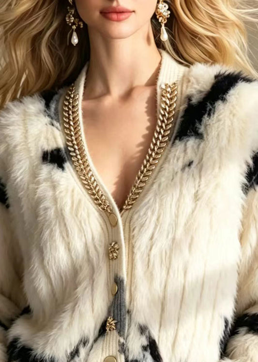 Unique Apricot V Neck Rhinestone Mink Hair Knitted Cardigan Fall