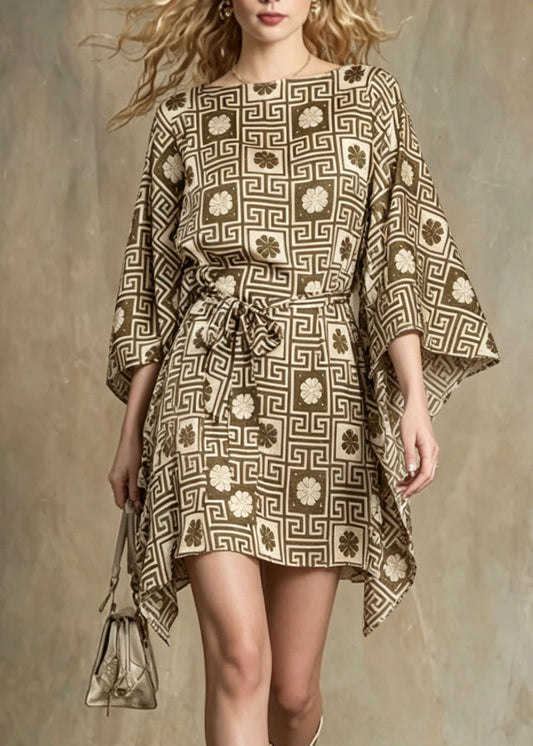 Unique Asymmetrical Design Geometric Print Lace Up Dress Batwing Sleeve