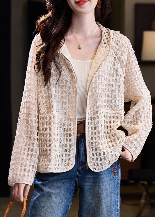 Unique Beige Hooded Hollow Out Knit Coat Fall