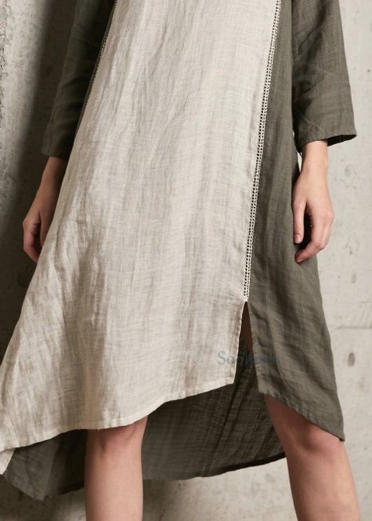 Unique Beige Oversized Patchwork Side Open Cotton Maxi Dress Spring