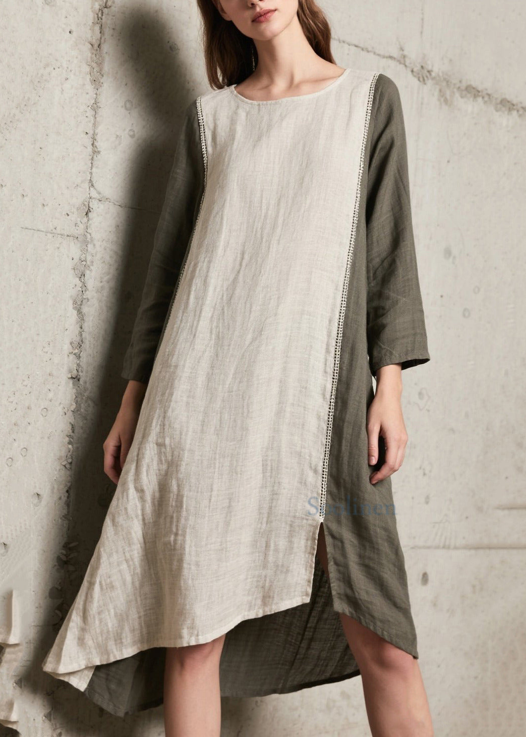Unique Beige Oversized Patchwork Side Open Cotton Maxi Dress Spring