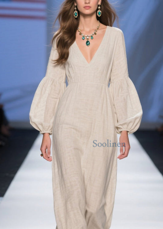 Unique Beige V Neck Patchwork Cotton Long Dresses Spring