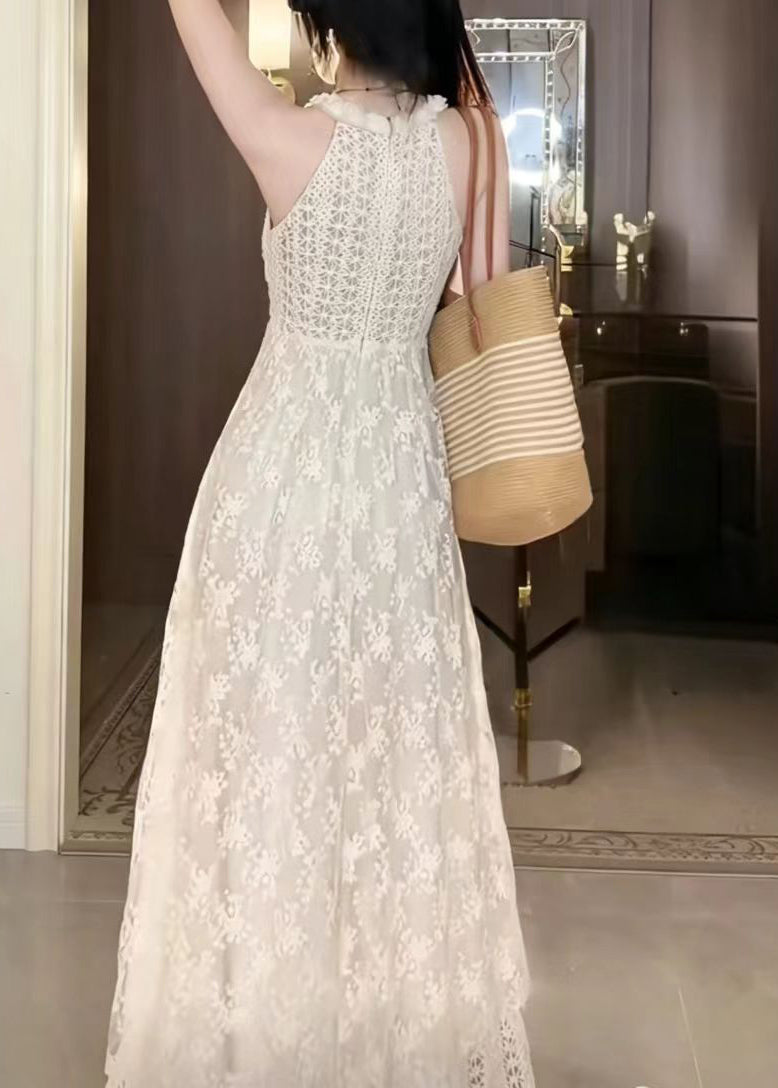 Unique Beige White V Neck Floral Lace Vacation Dresses Summer