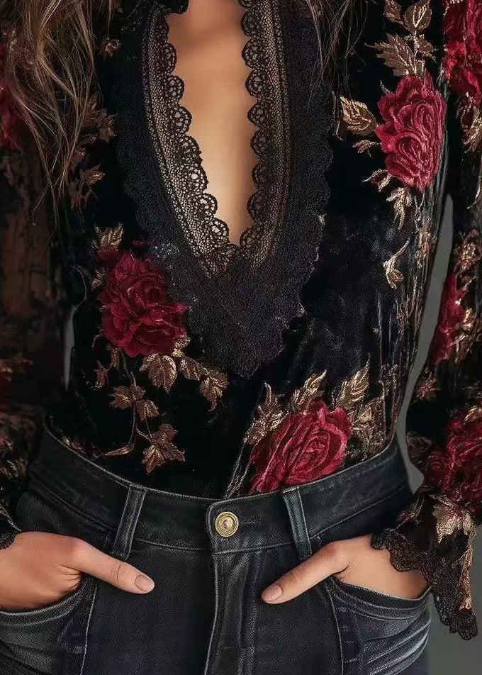 Unique Black Embroidered Lace Patchwork Velour Shirts Spring
