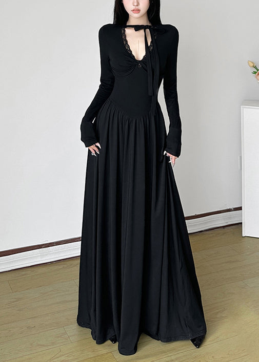 Unique Black V Neck Exra Large Hem Long Dresses Spring