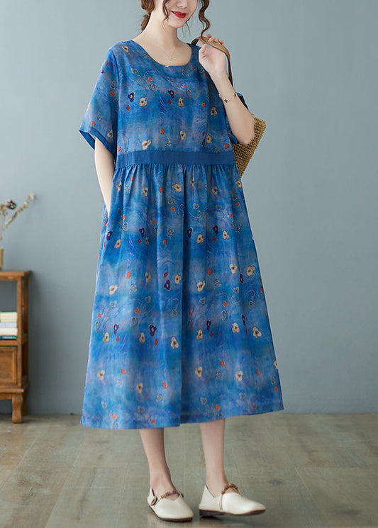 Unique Blue Cinche Patchwork Print Linen Long Dress Short Sleeve