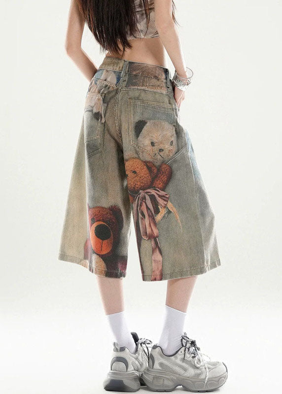 Unique Blue High Waist Print Crop Wide Leg Jeans Summer
