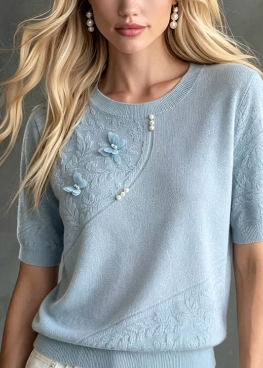 Unique Blue Jacquard O Neck Butterfly Thin Knit Top Summer