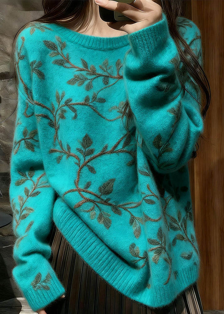 Unique Blue O Neck Thick Floral Knit Sweaters Winter