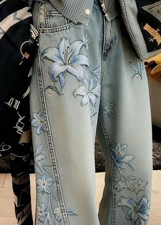 Unique Blue Pockets Print High Waist Denim Pants Spring