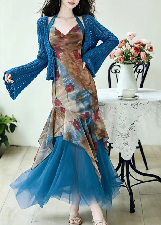 Unique Blue Print Patchwork Tulle Dress And Cardigan Two Pieces Set Fall