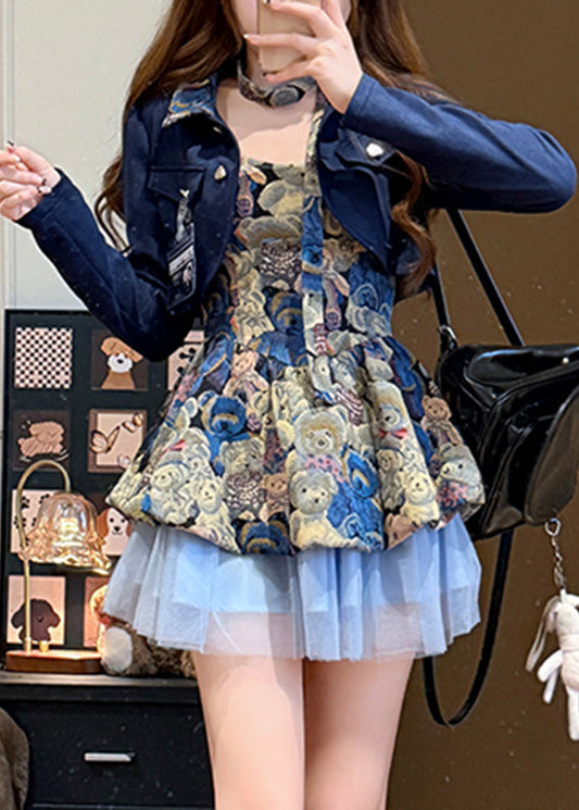 Unique Blue Print Tulle Patchwork Coats And Mid Dress Two Piece Set Fall