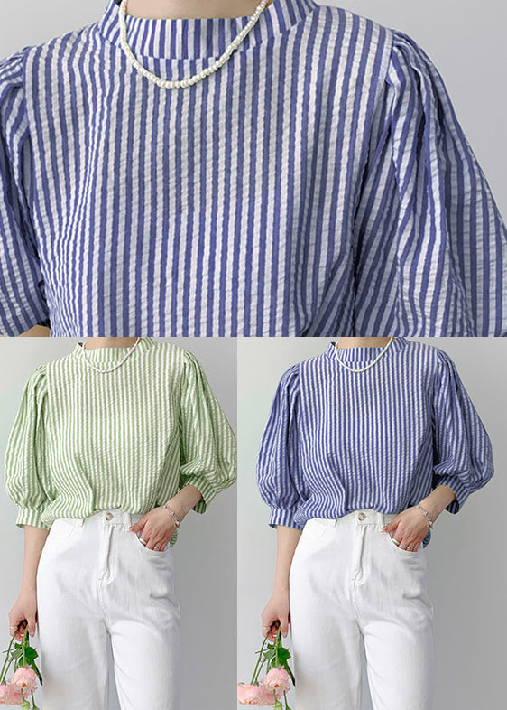 Unique Blue Striped Cotton Shirt Top Puff Sleeve